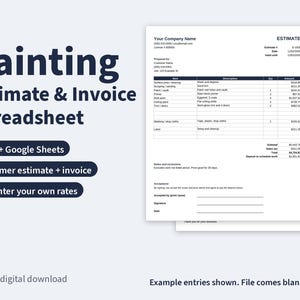 Könnte beinhalten: Eine digitale Tabellenvorlage für Maler-Kostenvoranschläge und Rechnungen für Excel und Google Sheets. Das Dokument enthält Felder für Kundendaten, detaillierte Beschreibungen, Mengen und Beträge sowie einen Bereich für Unterschriften.