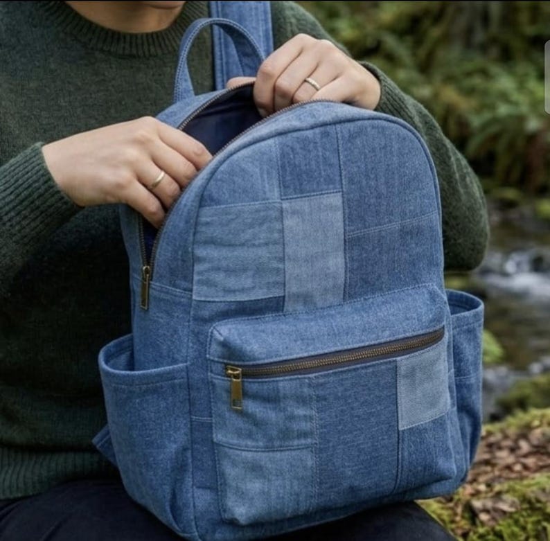 Denim Patchwork Backpack Sewing Pattern – DIY Bag with Pockets (PDF Download) image 8