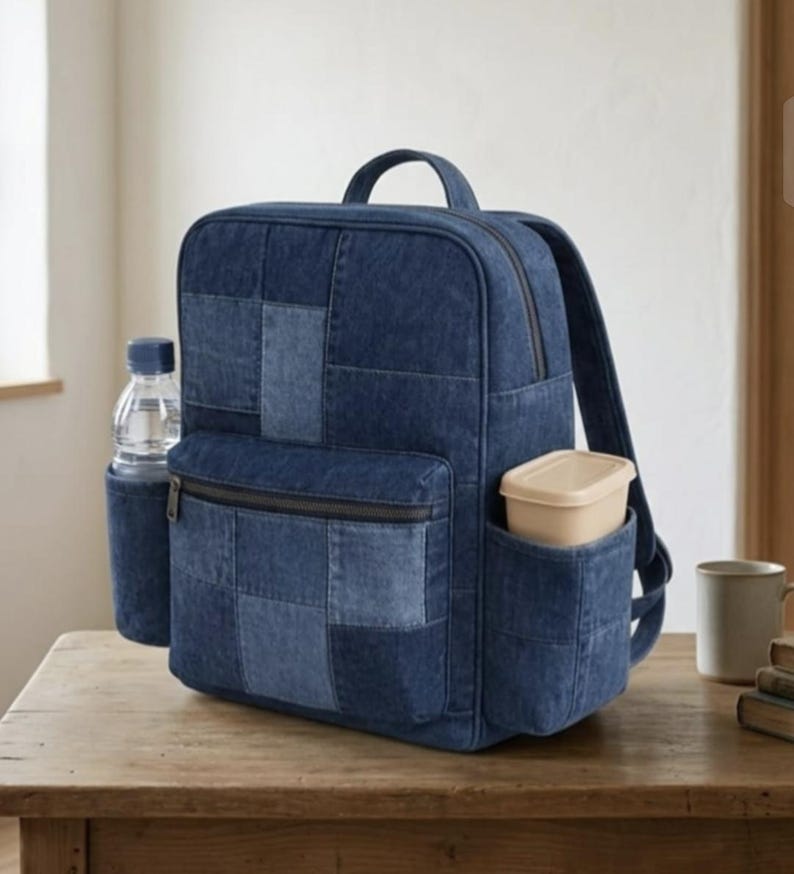 Denim Patchwork Backpack Sewing Pattern – DIY Bag with Pockets (PDF Download) image 5