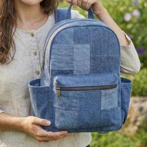 Denim Patchwork Backpack Sewing Pattern – DIY Bag with Pockets (PDF Download) image 6