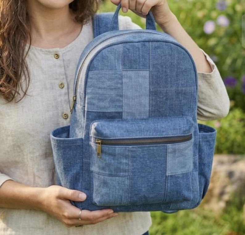 Denim Patchwork Backpack Sewing Pattern – DIY Bag with Pockets (PDF Download) image 6