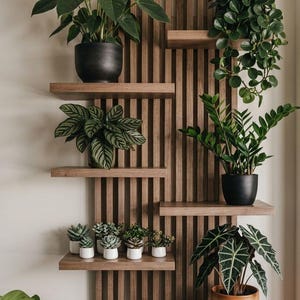 Puede incluir: Estantería de pared de madera con múltiples niveles. Las estanterías exhiben varias plantas en macetas, incluyendo suculentas, plantas de hojas verdes y una planta con flores blancas. El fondo es una pared neutra.