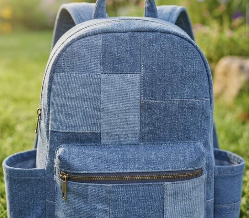 Denim Patchwork Backpack Sewing Pattern – DIY Bag with Pockets (PDF Download) image 3