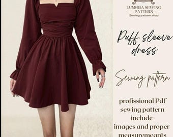 Puff Sleeve Dress Sewing Pattern PDF, Ruched Mini Dress Pattern, Sweetheart Neck Dress, Women's Digital Sewing Pattern