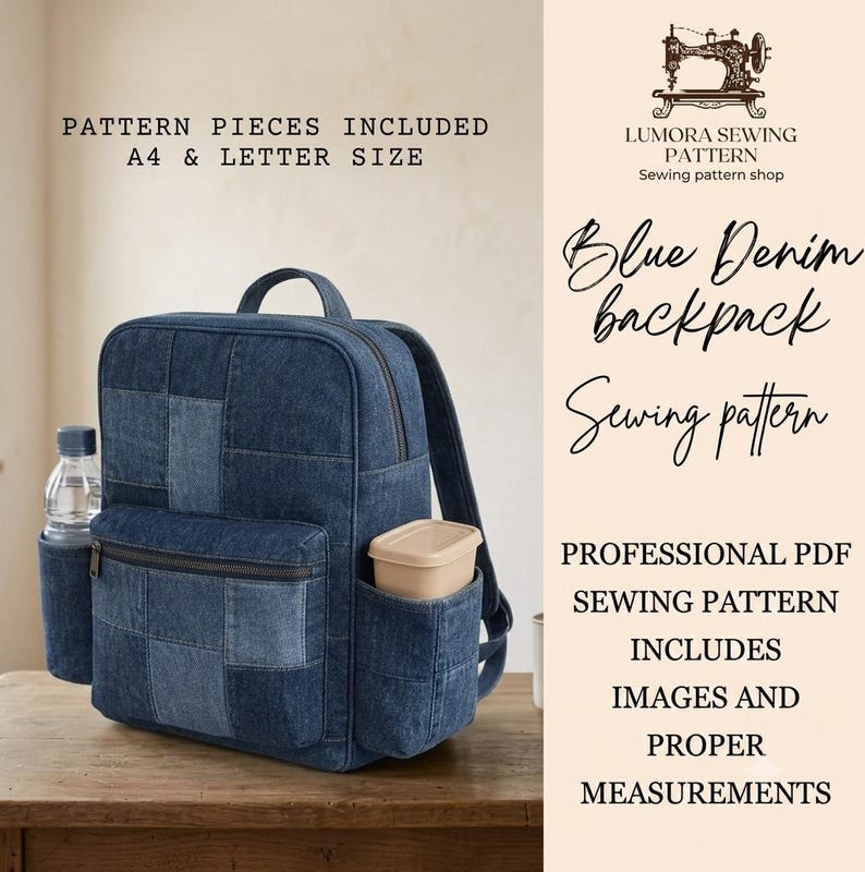 Denim Patchwork Backpack Sewing Pattern – DIY Bag with Pockets (PDF Download) image 1