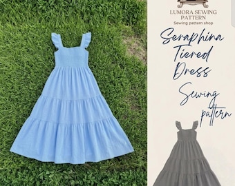 Seraphina Tiered Dress Sewing Pattern PDF, Smocked Maxi Dress Pattern, Shirred Summer Dress, Easy Beginner Sewing Guide, Size XS-XL