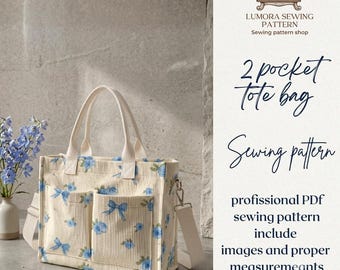 Double Pocket Tote Bag Sewing Pattern, Beginner Canvas Shoulder Bag (PDF Download)