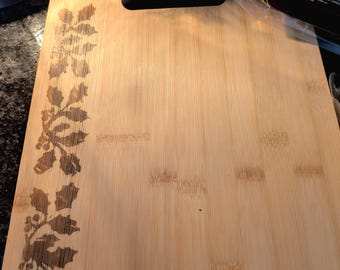 Christmas Bamboo Wood Burned Cheese Board with Holly Design