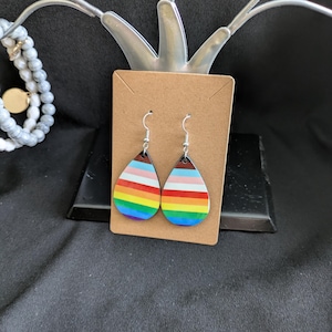 May include: A pair of teardrop-shaped earrings featuring horizontal stripes in brown, black, light blue, pink, white, red, orange, yellow, green, and blue. The earrings are attached to a rectangular brown cardboard display card with silver hooks.
