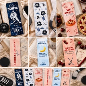 Könnte beinhalten: Eine Sammlung von sechs rechteckigen Lesezeichen aus Papier mit verschiedenen Motiven wie Eishockeyspielern, Kirschen, einer Banane und Texten wie Off Campus, My Sweet Cherry Pie, Garrett or Dean und Oh Shit Graham, präsentiert mit Zubehör.