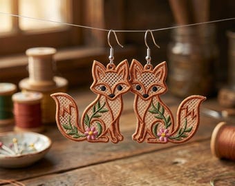 Woodland Fox Free Standing Lace Earrings Machine Embroidery Design (Digital Download)
