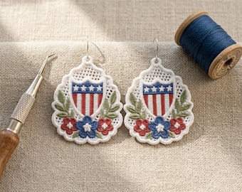 Patriotic Shield Lace Earrings: American Flag Floral Embroidery Design (Digital Download)