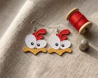 Funny Chicken Earrings Machine Embroidery Design – Freestanding Lace Rooster (Digital Download)