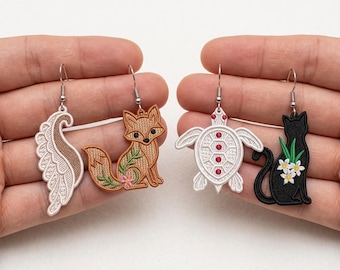 Freestanding Lace Earring Embroidery Designs: Fox, Turtle, Cat, Wing Bundle (Digital Download)