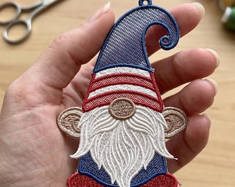 Patriotic Gnome Machine Embroidery Design: FSL Ornament (Digital Download)