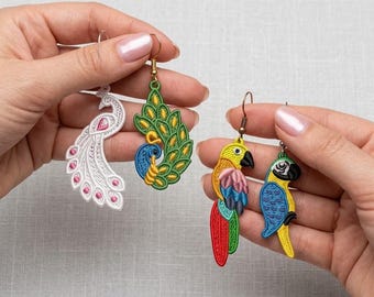 Free Standing Lace Earring Embroidery Pattern Bundle: Parrot, Peacock Jewelry Designs (Digital Download)