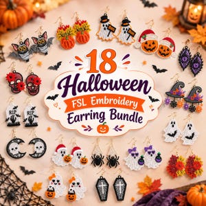 Puede incluir: Una colección de 18 pares de pendientes bordados FSL con temática de Halloween que incluyen fantasmas, calabazas, calaveras, murciélagos, arañas y ataúdes. El texto central dice 18 Halloween FSL Embroidery Earring Bundle con iconos.