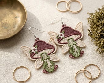 Fairy Mushroom Earrings: Free Standing Lace Embroidery Design (Digital Download)