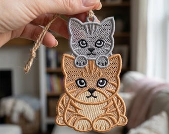 Adorno bordado de encaje independiente con gatito atigrado apilado (descarga digital)