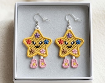Diseño de bordado a máquina de pendientes Star FSL: Joyería colgante Kawaii (Descarga digital)