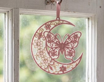 Butterfly Moon FSL Ornament Freestanding Lace Machine Embroidery Design Crescent Celestial Insect Digital File