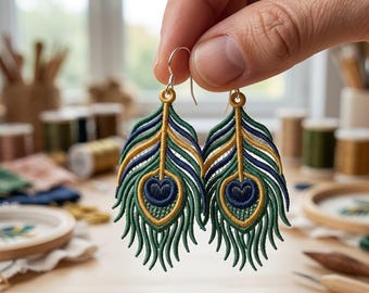 Peacock Feather FSL Earrings Machine Embroidery Design (Digital Download)