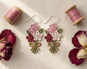 Spring Bouquet Freestanding Lace Earrings: Floral Botanical Embroidery Design (Digital File)