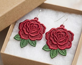 Red Rose FSL-oorbellen machineborduurontwerp, vrijstaande kantsieraden (digitale download)
