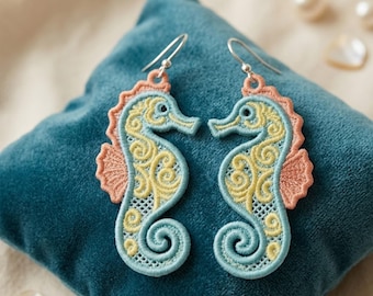 Ocean Fantasy FSL Earrings Machine Embroidery Digital File Seahorse Coastal Design Nautical Accessory Ornament Instant Download