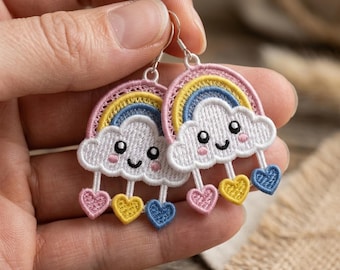 Rainbow Cloud FSL Earrings Machine Embroidery Design: Hearts, Free Standing Lace (Digital Download)
