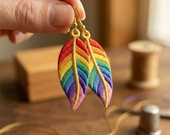 Boho Rainbow Feather Earrings: Freestanding Lace Embroidery Design (Digital Download)