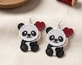 Panda Heart Earrings Machine Embroidery Design – Freestanding Lace Jewelry (Digital File)