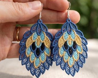 Royal Azure Feather Lace Earrings Machine Embroidery Design (Digital Download)
