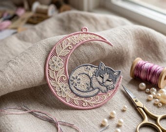 Cat Moon Freestanding Lace Ornament Embroidery Design (Digital Download)