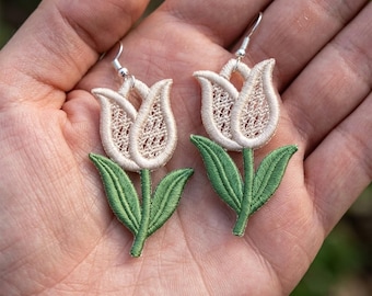 Patrón de bordado a máquina para pendientes de encaje Tulip FSL – Joyería floral independiente (archivo digital)