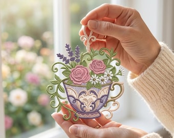 Floral Teacup Free Standing Lace Embroidery Design (Digital Download)