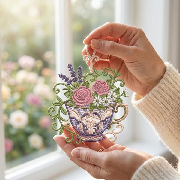 Floral Teacup Free Standing Lace Embroidery Design (Digital Download)