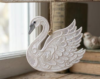 Elegant borduurontwerp met zwanenkant: vrijstaand wit vogelpatroon (digitale download)