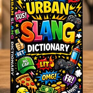 Könnte beinhalten: Ein schwarzes Buch mit dem Titel "Urban Slang Dictionary" mit farbenfrohen Grafiken. Das Cover zeigt das Wort "SLANG" in großen, mehrfarbigen Buchstaben, zusammen mit Slang-Ausdrücken wie "YO!", "OMG!" und "LIT". Illustrationen umfassen ein Pizzastück, Geld und einen Videospiel-Controller.