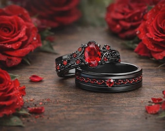 Ensemble d'alliances gothiques pour couples | Bague de fiançailles noire et rouge | Alliance dragon | Bagues assorties pour elle et lui