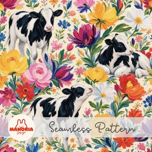 Può includere: Un motivo continuo con vitelli bianchi e neri tra fiori dai colori vivaci, inclusi petali gialli, rosa, rossi e blu su uno sfondo color crema. Il design include il testo Manoria Design Seamless Pattern.