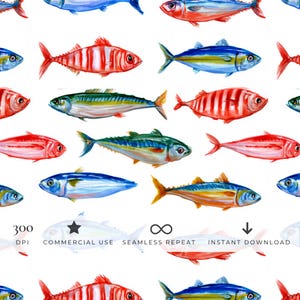 May include: A seamless pattern featuring watercolor illustrations of various fish in shades of red, blue, and green on a white background. The text 300 DPI, COMMERCIAL USE, SEAMLESS REPEAT, and INSTANT DOWNLOAD is printed at the bottom of the image.
