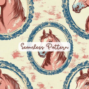 May include: A seamless pattern featuring repeating illustrations of horse heads enclosed in distressed blue oval frames. The background is a light cream color with faded red textured patches. The text Seamless Pattern is centered.