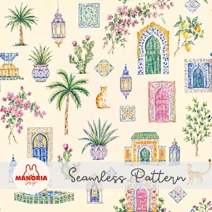 Moroccan Seamless Pattern, Watercolor Marrakech Illustration, Digital Paper for Fabric and Crafts
