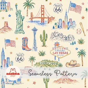 USA Landmark Seamless Pattern, Colorful American Travel Digital Paper for Fabric and Crafts