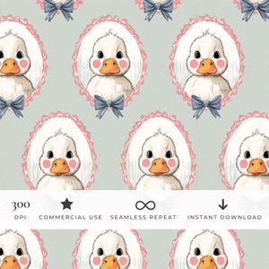 May include: A seamless pattern featuring white ducklings with orange beaks and pink cheeks, each framed in a pink oval border with a blue bow. The image includes text: 300 DPI, COMMERCIAL USE, SEAMLESS REPEAT, and INSTANT DOWNLOAD.