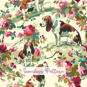 May include: A seamless pattern featuring illustrations of basset hounds in various poses interspersed with large pink and red roses and green foliage on a cream background. The text Seamless Pattern is centered in a white rectangular overlay.