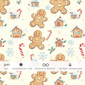 Gingerbread Pattern Seamless Digital Paper — Gingerbread Man, House and Candy Cane Christmas Print for Fabric & Gift Wrap