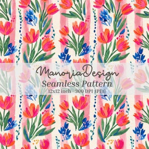 Puede incluir: Diseño de patrón sin costuras con flores de acuarela en tonos rosa, naranja y azul, dispuestas sobre un fondo crema con rayas rosas verticales. El diseño incluye el texto "Manoria Design Seamless Pattern" y las dimensiones 30,48 x 30,48 cm.