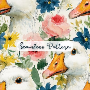 May include: A watercolor seamless pattern featuring white geese with orange beaks interspersed among pink roses, dark blue flowers, and yellow blossoms. The text Seamless Pattern is centered in a white rounded rectangular overlay on the design.